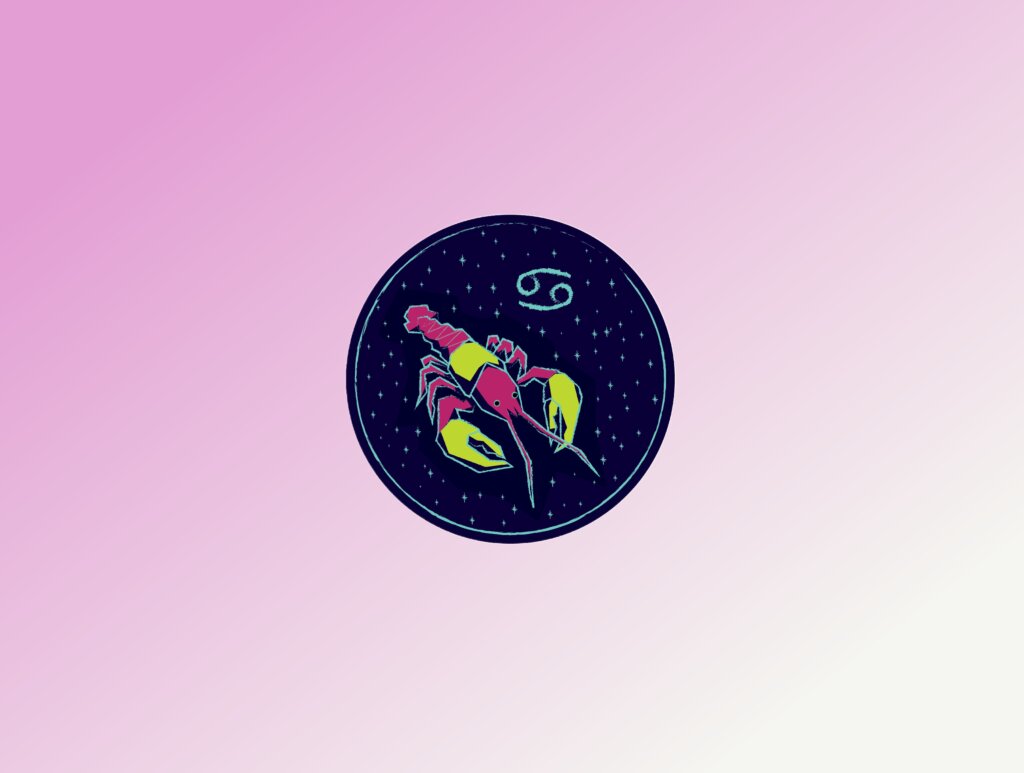 Ilustração estilizada em um círculo azul escuro com estrelas, mostrando um caranguejo (ou lagosta) com o corpo em rosa e detalhes em amarelo nas garras. Ao lado, o símbolo astrológico de Câncer. O fundo geral da imagem é um degradê rosa.
