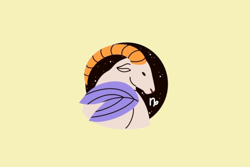 Ilustração do signo de Capricórnio, representada pelo perfil de uma cabra com chifres laranjas e uma asa roxa