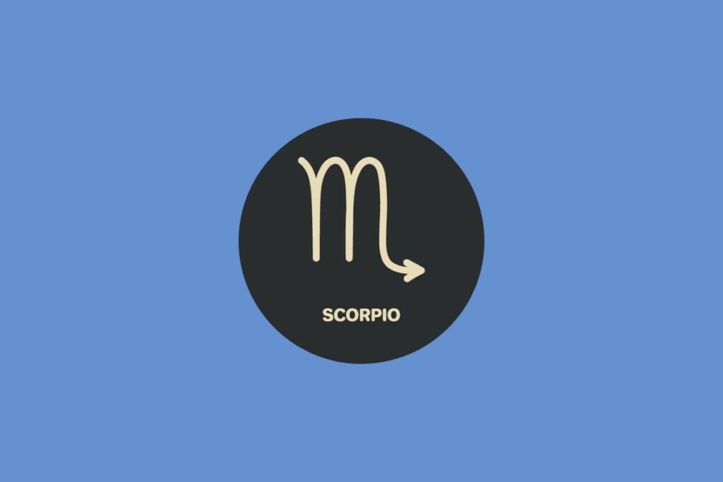 Círculo preto com ilustração bege do nome e símbolo do signo de escorpião sobre fundo azul
