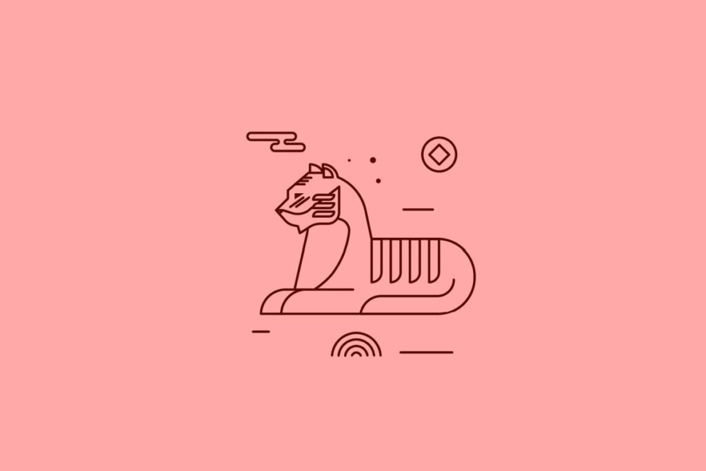 Ilustração minimalista em linhas marrons de um tigre deitado, sobre um fundo rosa claro. O corpo possui listras geométricas e há símbolos de moedas e nuvens ao redor.