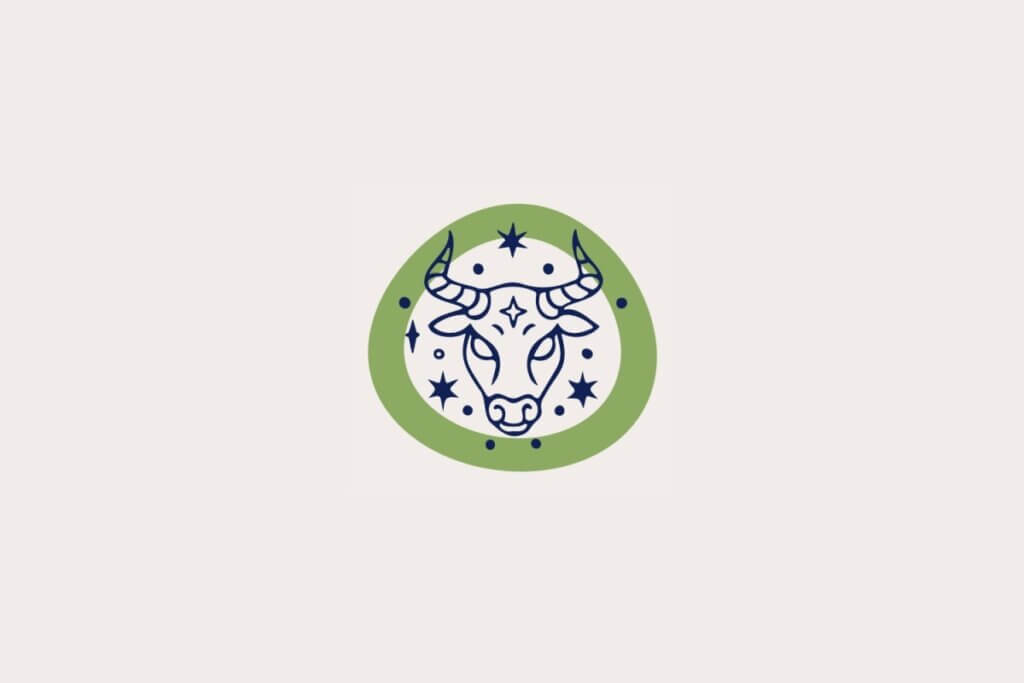 Ilustração do signo de Touro, em fundo bege-claro, contendo uma cabeça de touro com expressão firme e chifres alongados dentro de uma moldura verde com estrelas