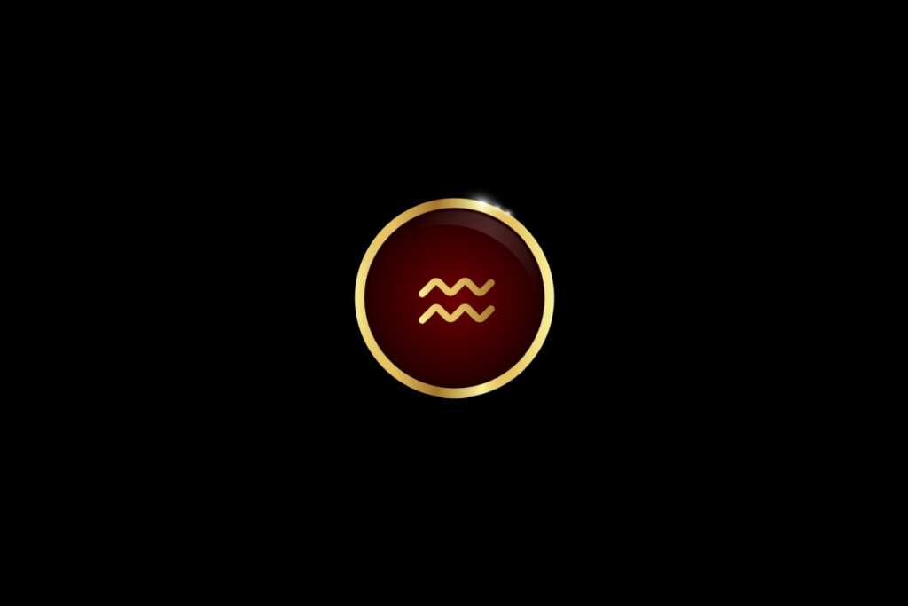 Ilustração do signo de aquário dentro de um círculo dourado, iluminado com uma luz vermelha, em um fundo preto