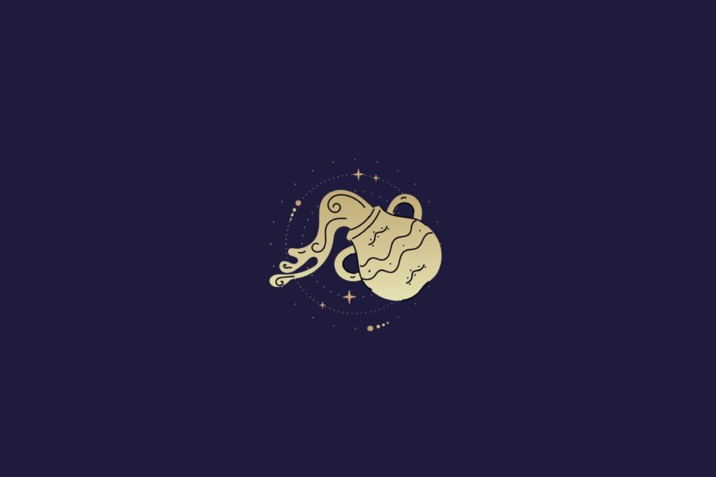 Ilustração dourada de jarro saindo água representando o signo de aquário sobre fundo azul-escuro