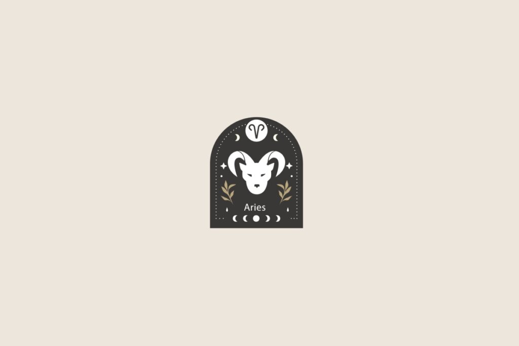 Símbolo estilizado do signo de Áries sobre um formato de arco preto. O fundo geral é bege-claro