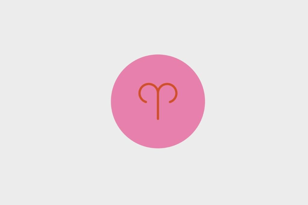 Ilustração vermelha do símbolo do signo de áries em círculo rosa sobre fundo cinza