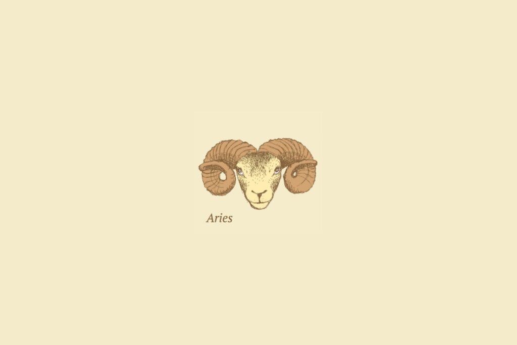 Ilustração do signo de áries centralizado, com o nome do signo embaixo, em um fundo amarelo