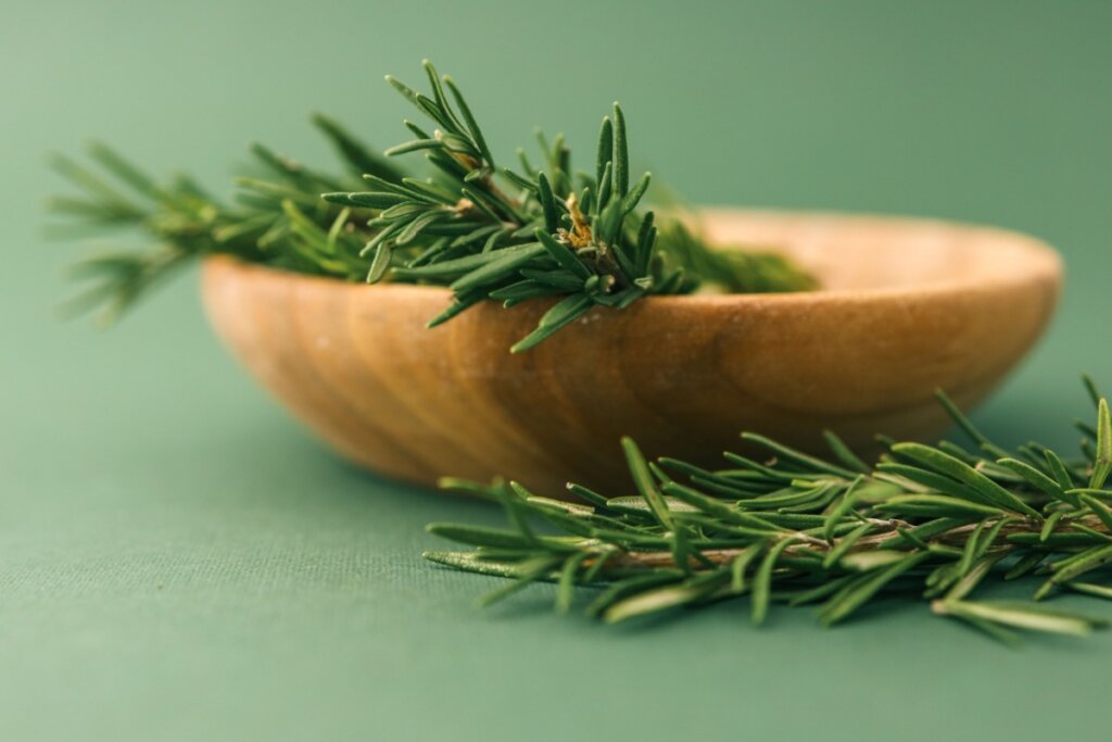 Recipiente de madeira com folhas de alecrim dentro em frente a um fundo verde