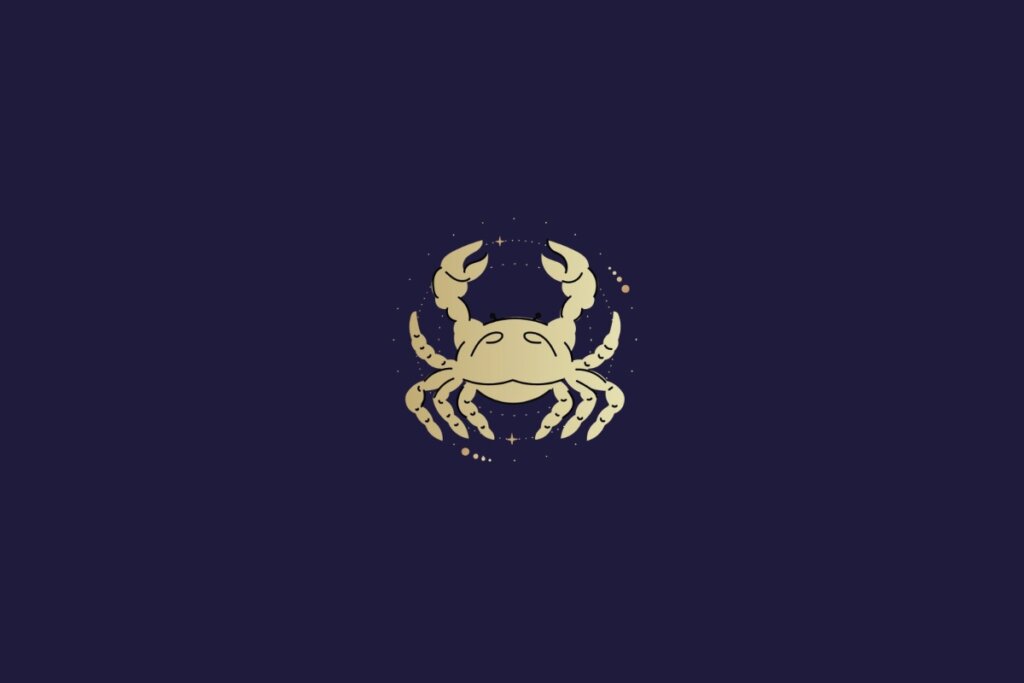 Ilustração dourada de caranguejo representando o signo de câncer sobre fundo azul-escuro