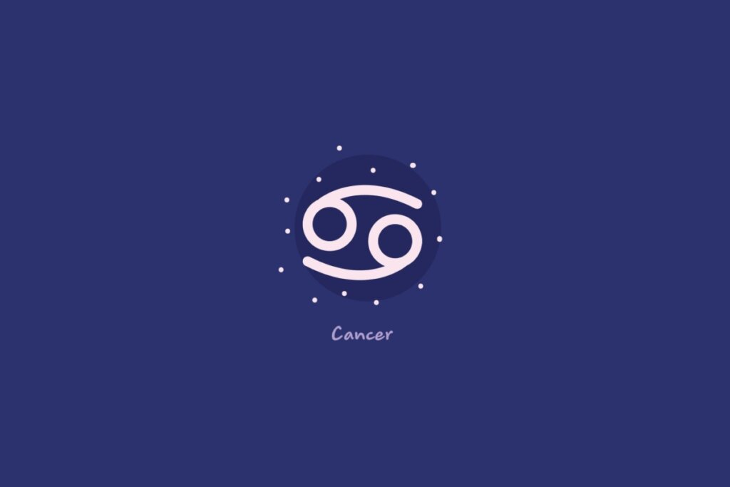 Ilustração do signo de câncer em um círculo azul-escuro, rodeado por estrelas, com o nome do signo abaixo, sobre fundo azul.