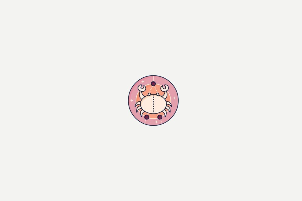 Ilustração de um caranguejo dentro de um círculo rosa representando o signo de câncer sobre fundo cinza