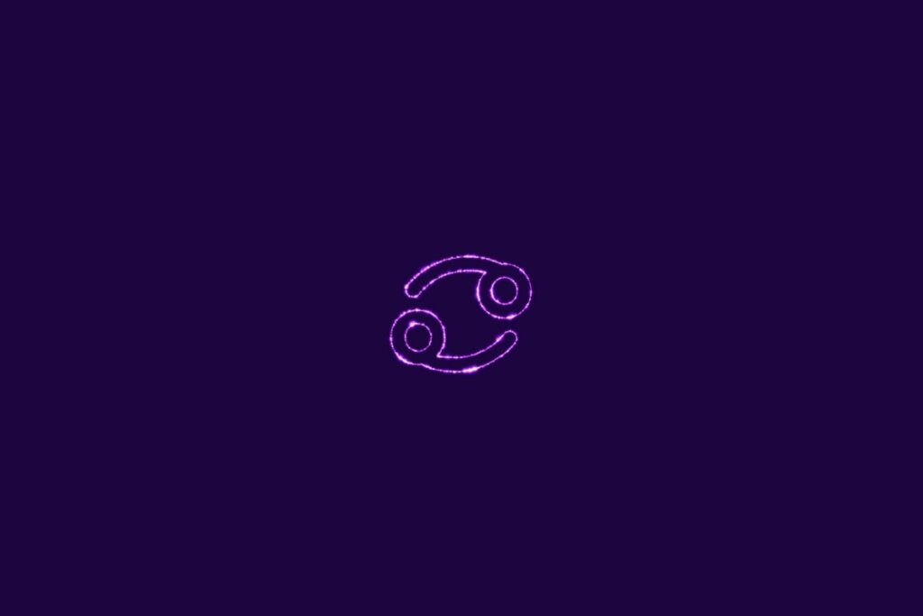Ilustração do signo de câncer na cor roxa, centralizado em um fundo da mesma cor
