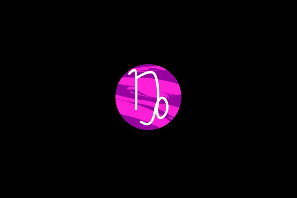 Ilustração do signo de capricórnio, dentro de um círculo rosa, sobre um fundo preto