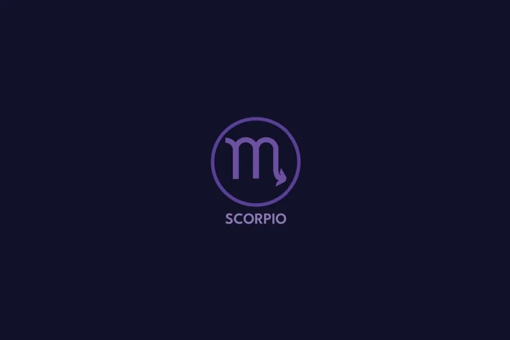 Ilustração do signo de escorpião na cor roxa, com círculo roxo ao redor e o nome do signo abaixo, sobre um fundo roxo