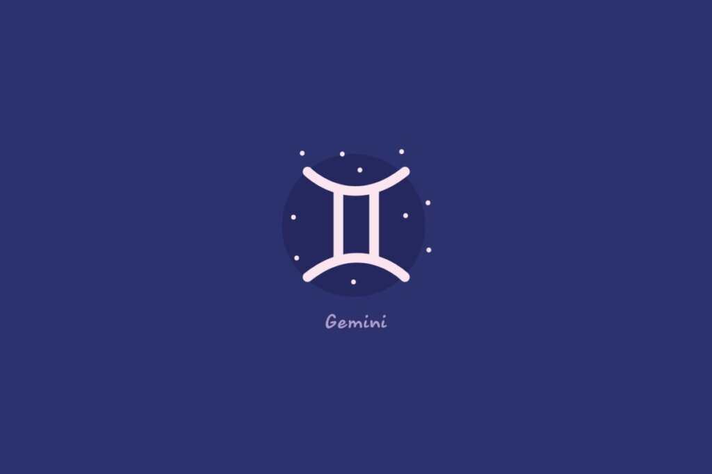 Ilustração do signo de gêmeos em um círculo azul-escuro, rodeado por estrelas, com o nome do signo abaixo, sobre fundo azul.