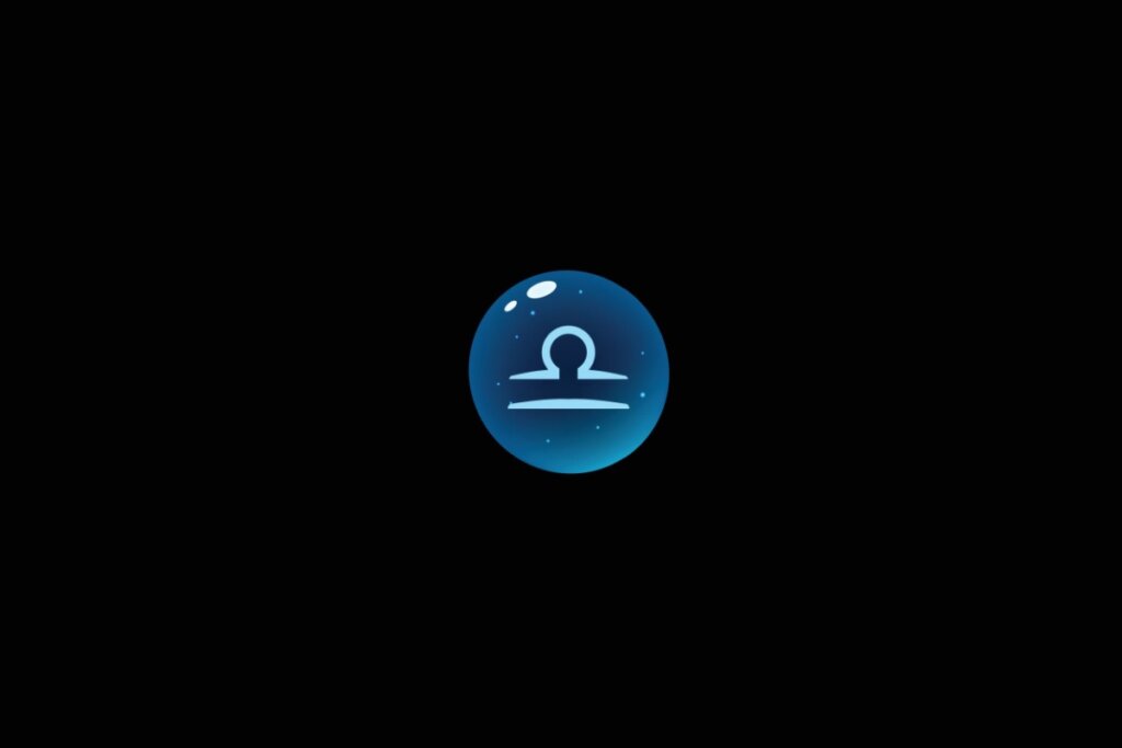 Ilustração do signo de libra dentro de uma bolha azul sobre um fundo preto