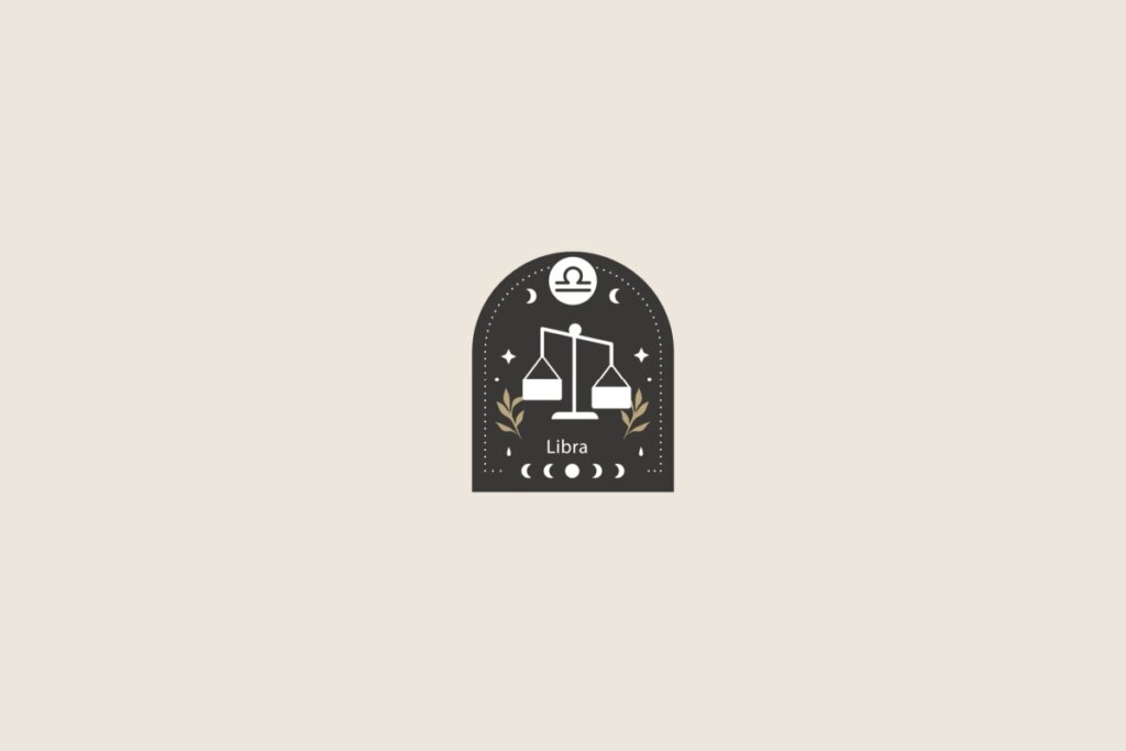 Símbolo estilizado do signo de Libra sobre um formato de arco preto. O fundo geral é bege-claro