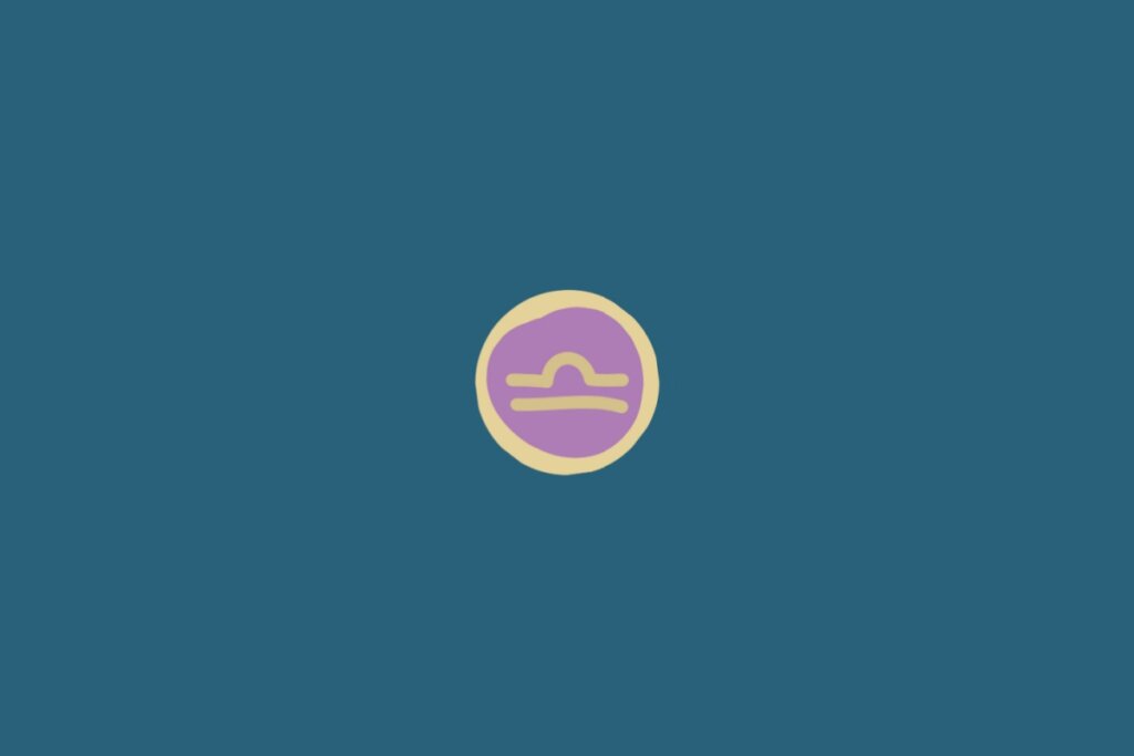 Ilustração do signo de Libra, na cor amarela, em um círculo rosa com borda amarela, sobre um fundo verde