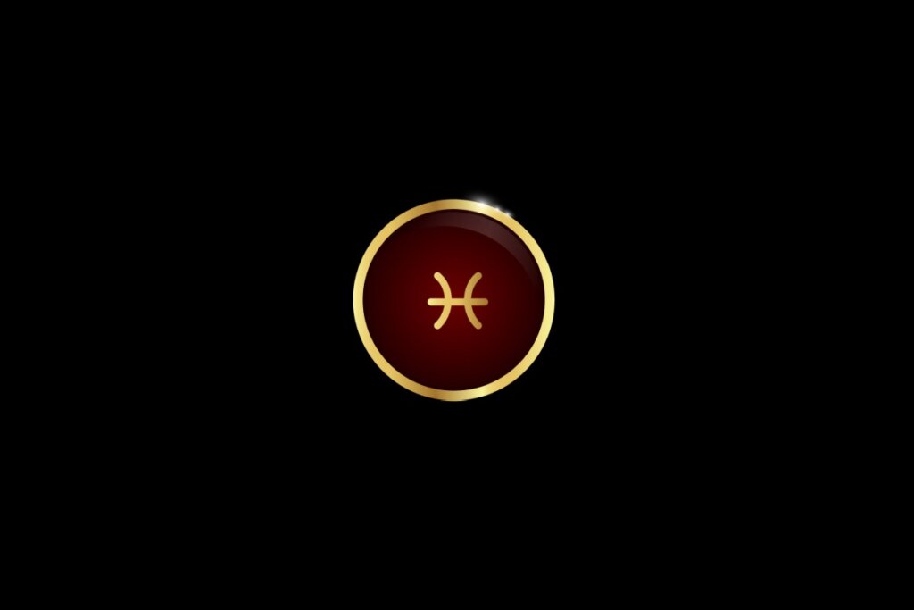 Ilustração do signo de peixe dentro de um círculo dourado, iluminado com uma luz vermelha, em um fundo preto