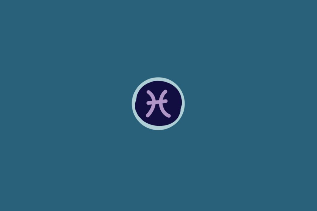 Ilustração do signo de Peixes, na cor roxa, em um círculo azul-escuro com borda azul-claro, sobre um fundo verde