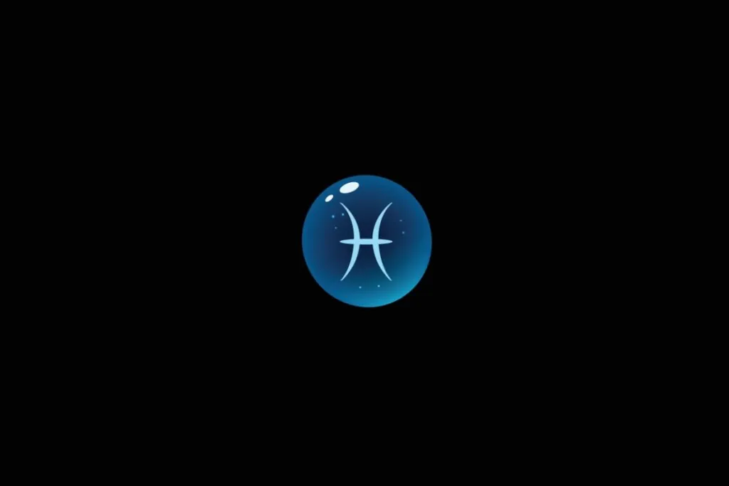 Ilustração do signo de peixes dentro de uma bolha azul sobre um fundo preto