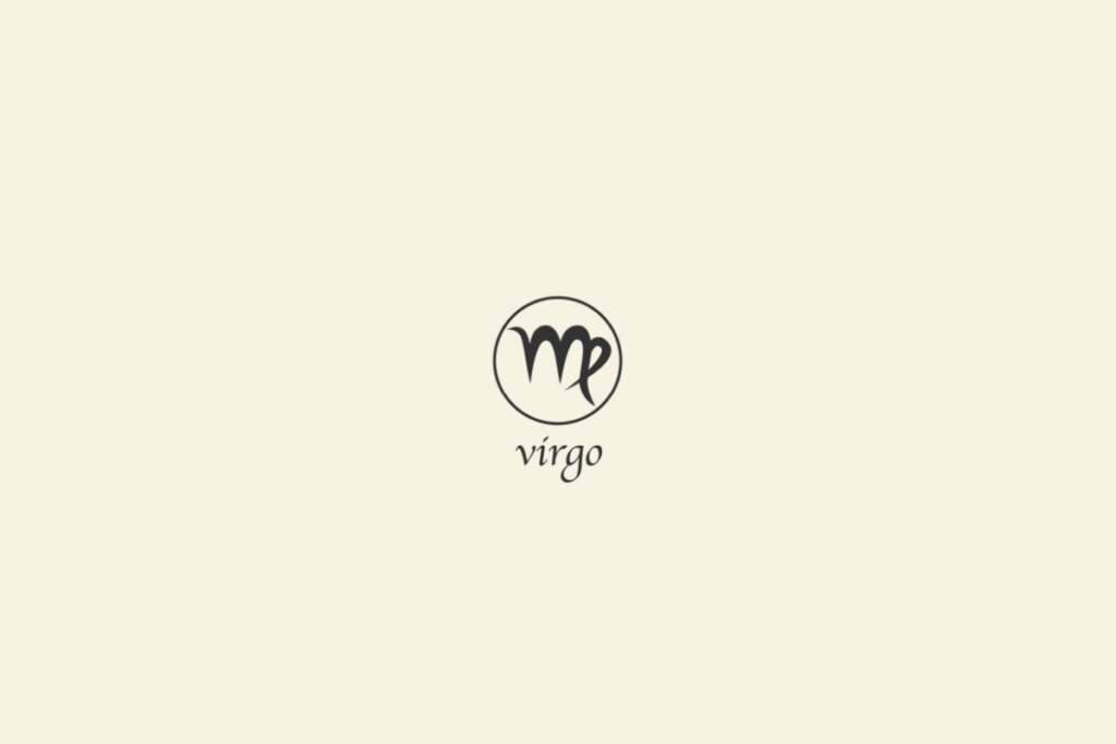 Ilustração do signo de virgem na cor preta, com um círculo em volta e o nome abaixo, sobre um fundo cinza