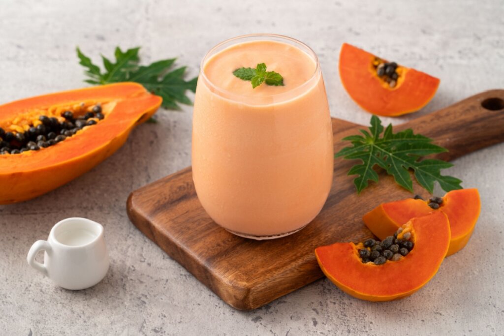 copo de vidro com vitamina laranja com hortelã em cima sobre tábua com pedaços de mamão em volta