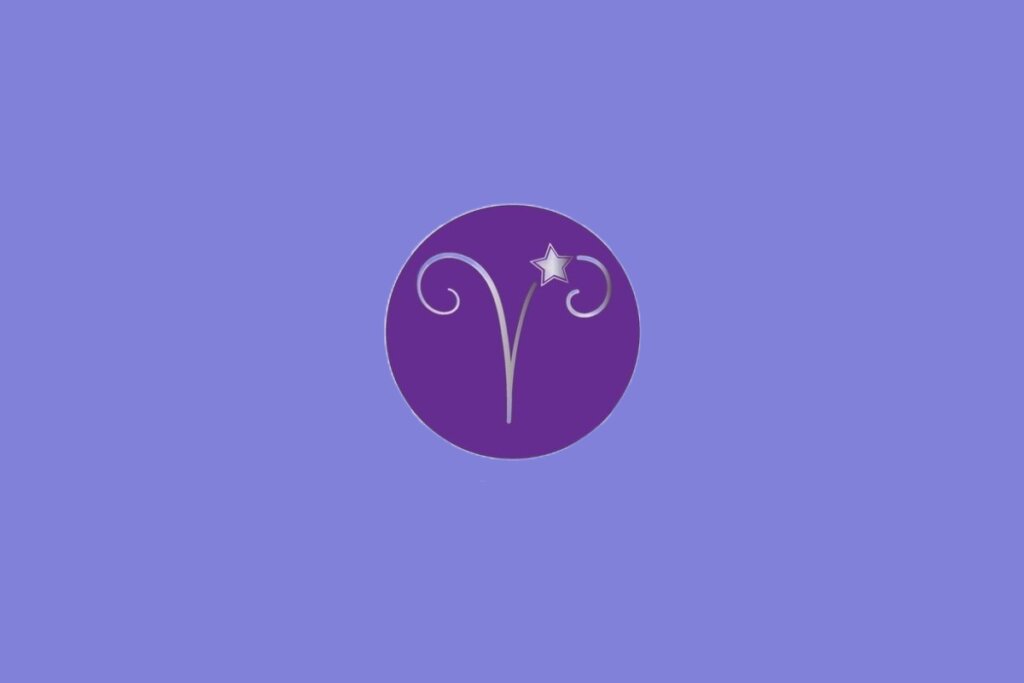 Ilustração do signo de Áries, contendo símbolo estilizado em forma de chifres curvos com estrela ao lado, em fundo roxo