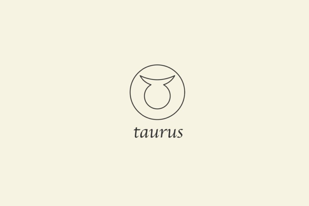 Ilustração do signo de Touro, em fundo bege, contendo um círculo com duas hastes curvas voltadas para cima