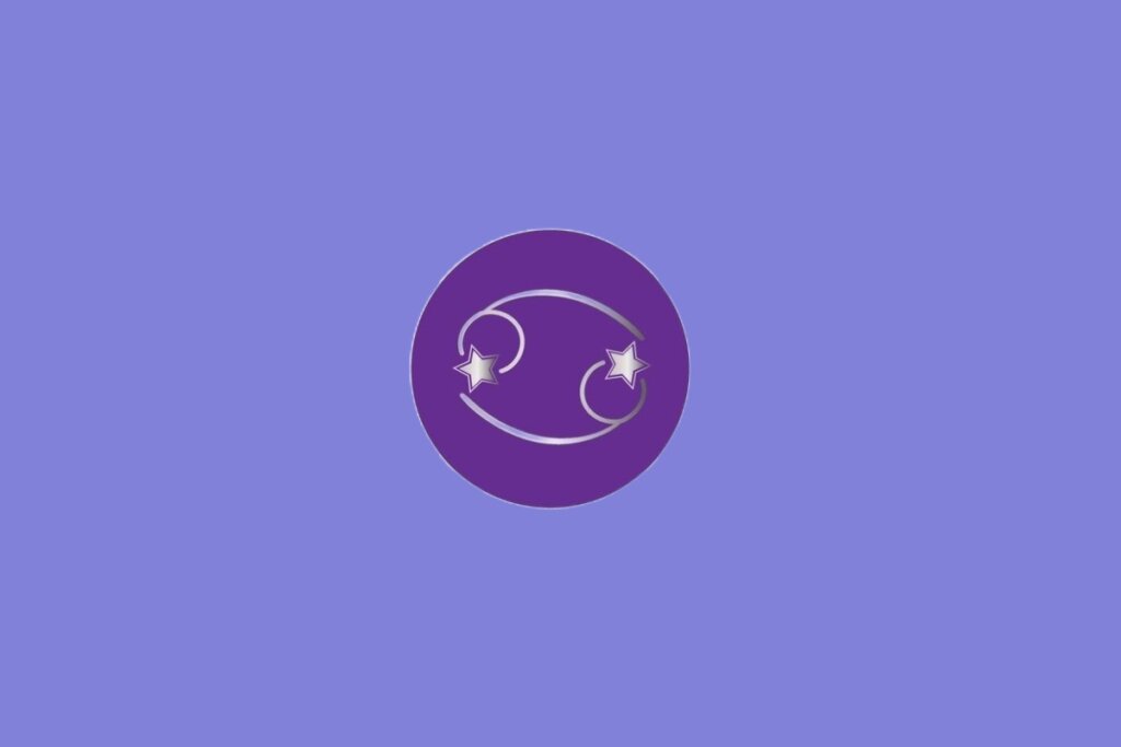 Ilustração do signo de Câncer, contendo símbolo com duas espirais opostas formando um ciclo e duas estrelas, em fundo roxo