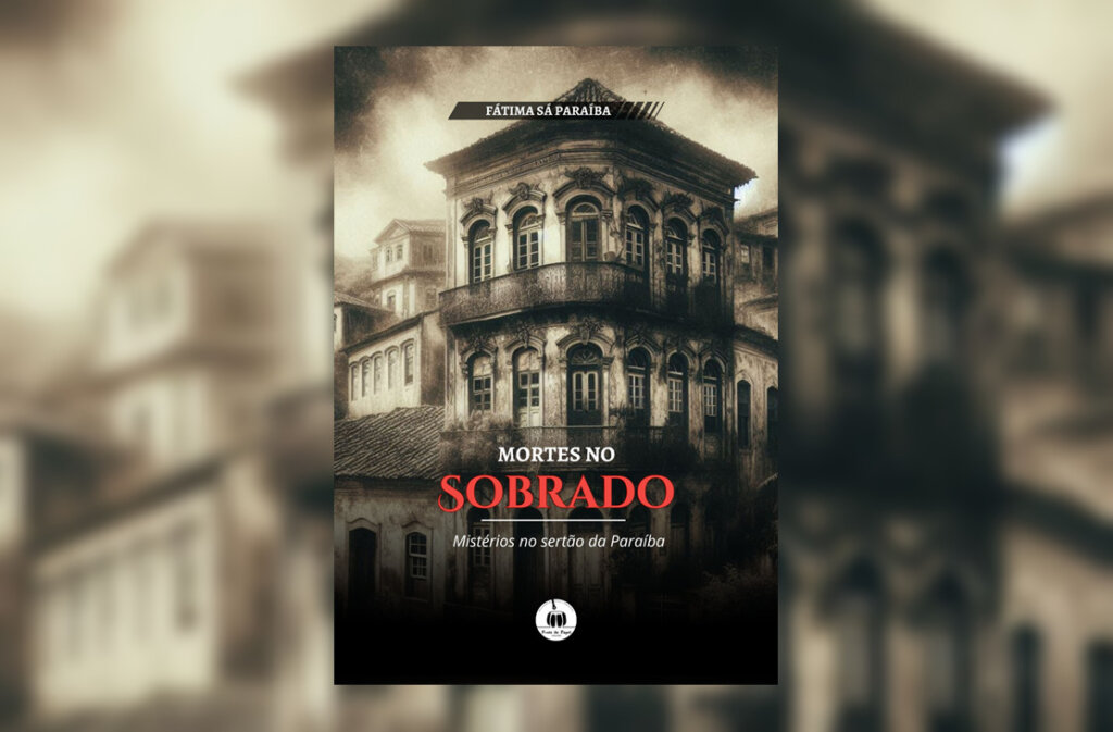 Imagem envelhecida em tons de sépia de um casarão colonial antigo (sobrado). O título "Mortes no Sobrado" aparece em destaque com a palavra "Sobrado" em vermelho vibrante.