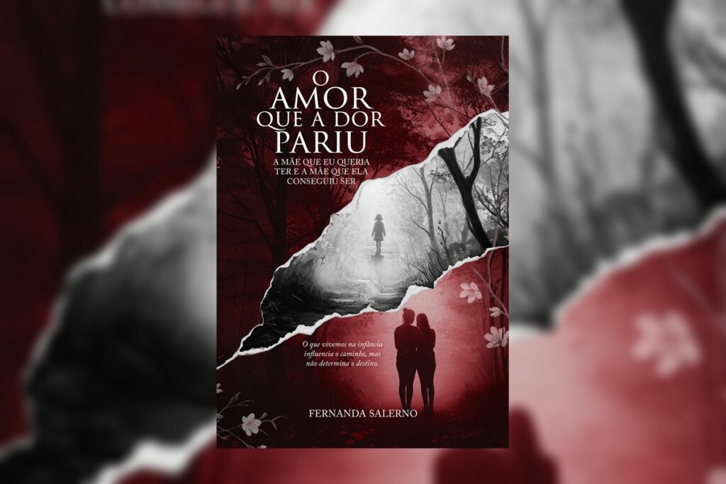 Capa com tons de vermelho escuro e preto, mostrando uma imagem rasgada no centro que revela uma criança caminhando por uma floresta nublada. Abaixo, a silhueta de duas mulheres abraçadas.