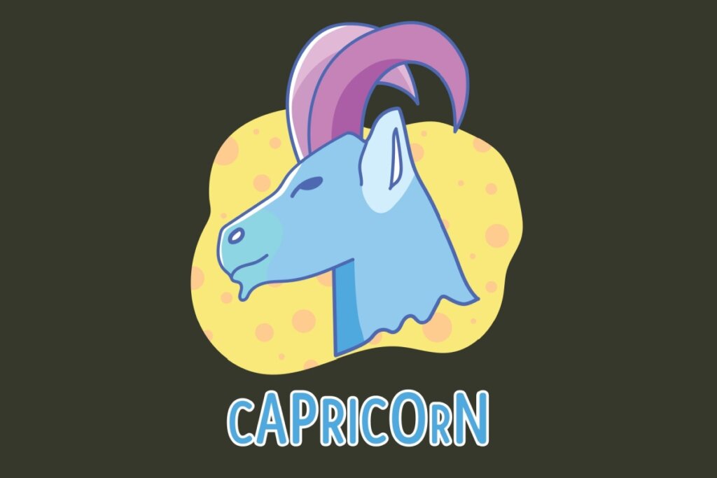 Ilustração do signo de Capricórnio apresentando o perfil da cabeça de uma cabra azul clara sobre um fundo orgânico amarelo com bolinhas laranjas. A cabra possui dois chifres grandes e curvados para trás em tons de lilás e rosa. Abaixo da figura, está escrita a palavra "CAPRICORN" em letras azuis contornadas de branco.