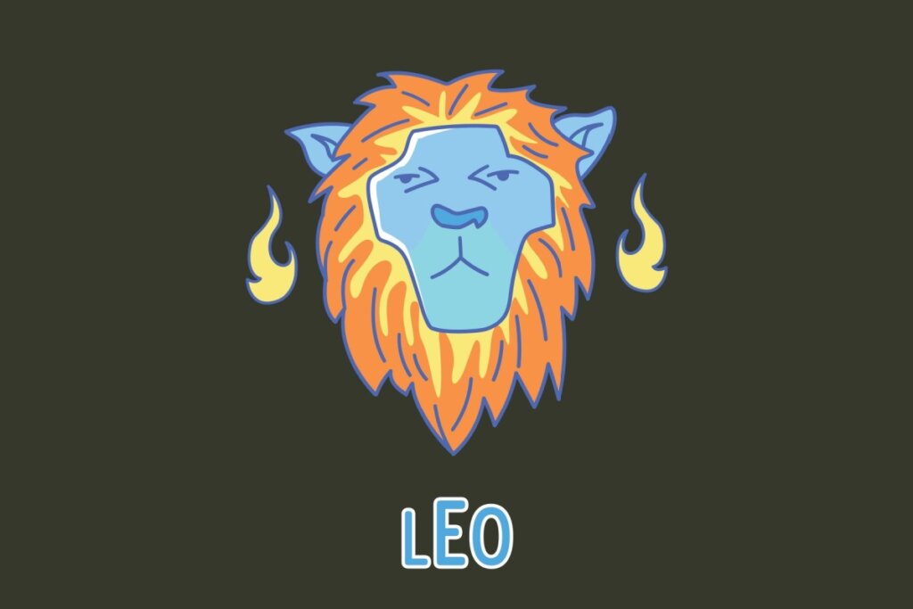 Ilustração do signo de Leão focada no rosto de um leão estilizado. A face do animal é azul com traços minimalistas, cercada por uma juba volumosa em tons de laranja e amarelo que lembram chamas. Duas pequenas labaredas amarelas flutuam nas laterais da cabeça. Na base da imagem, a palavra "LEO" aparece em letras azuis com contorno branco.