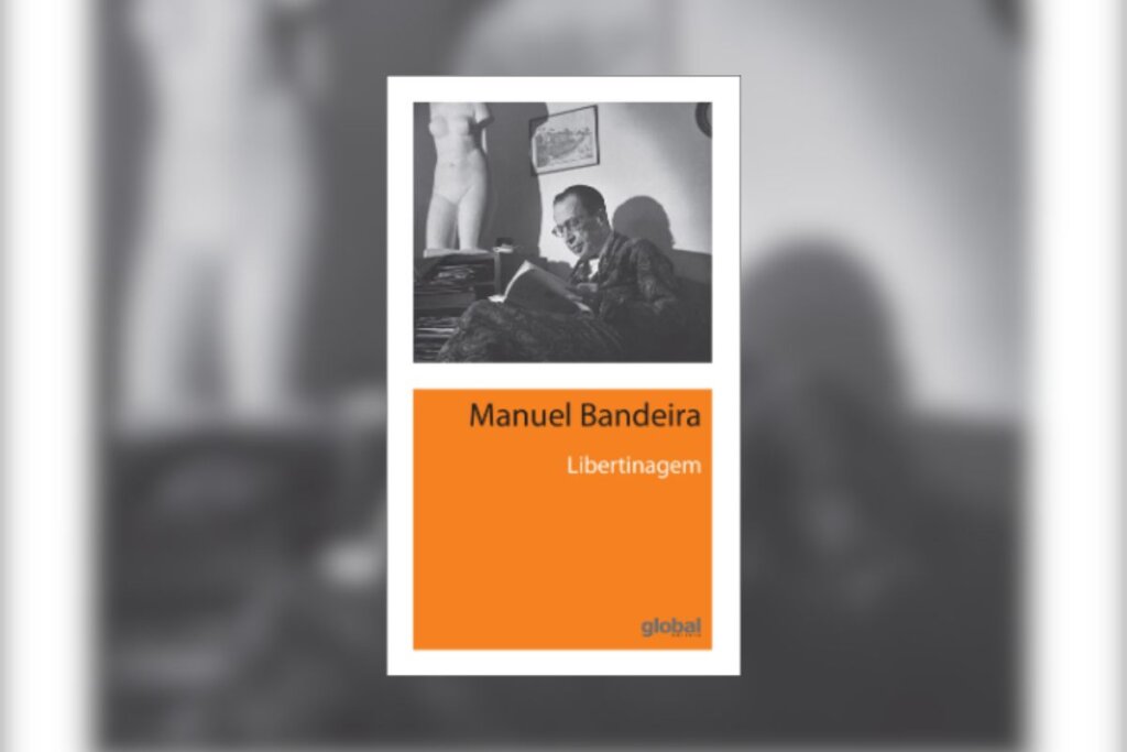 Capa do livro "Libertinagem", com a foto do autor em preto e branco na parte superior e um bloco laranja com o nome do livro na parte inferior