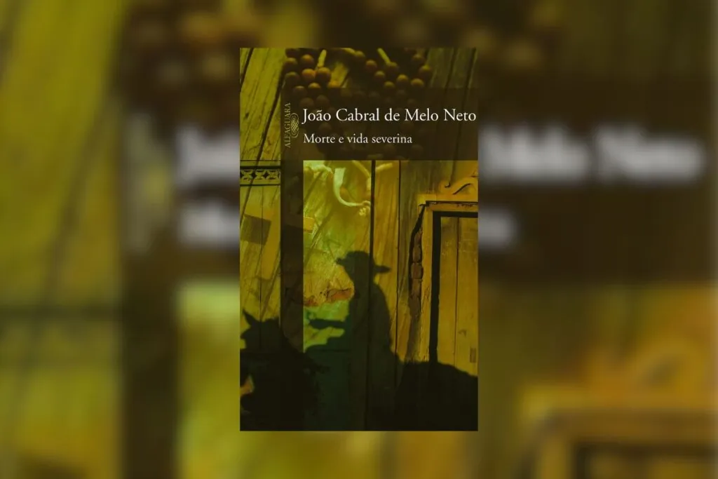 Capa do livro "Morte  vida severina", com a ilustração da sombra de uma pessoa andando na rua 