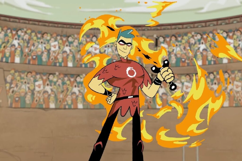 Ilustração em estilo desenho animado de um personagem masculino com cabelos azuis e máscara preta nos olhos. Ele veste uma armadura vermelha com um símbolo circular branco no peito e está envolto por grandes chamas amarelas e alaranjadas. O personagem segura o punho de uma espada e sorri com confiança. Ao fundo, uma multidão desfocada em uma arena de gladiadores o observa.