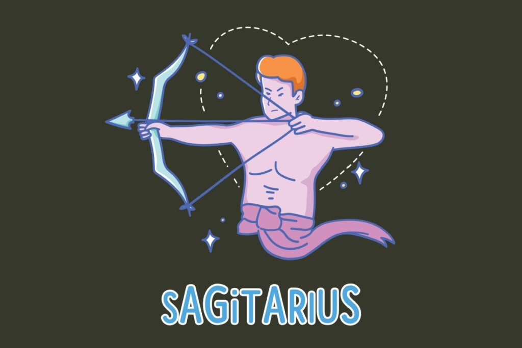 Ilustração do signo de Sagitário mostrando um arqueiro da cintura para cima. O personagem possui pele rosada, cabelos laranjas e segura um arco azul esticado, apontando uma flecha para a esquerda. Atrás dele, há o contorno de um coração feito com linhas pontilhadas brancas, além de pequenas estrelas e faíscas ao redor. Abaixo, a inscrição "SAGITTARIUS" em azul e branco.