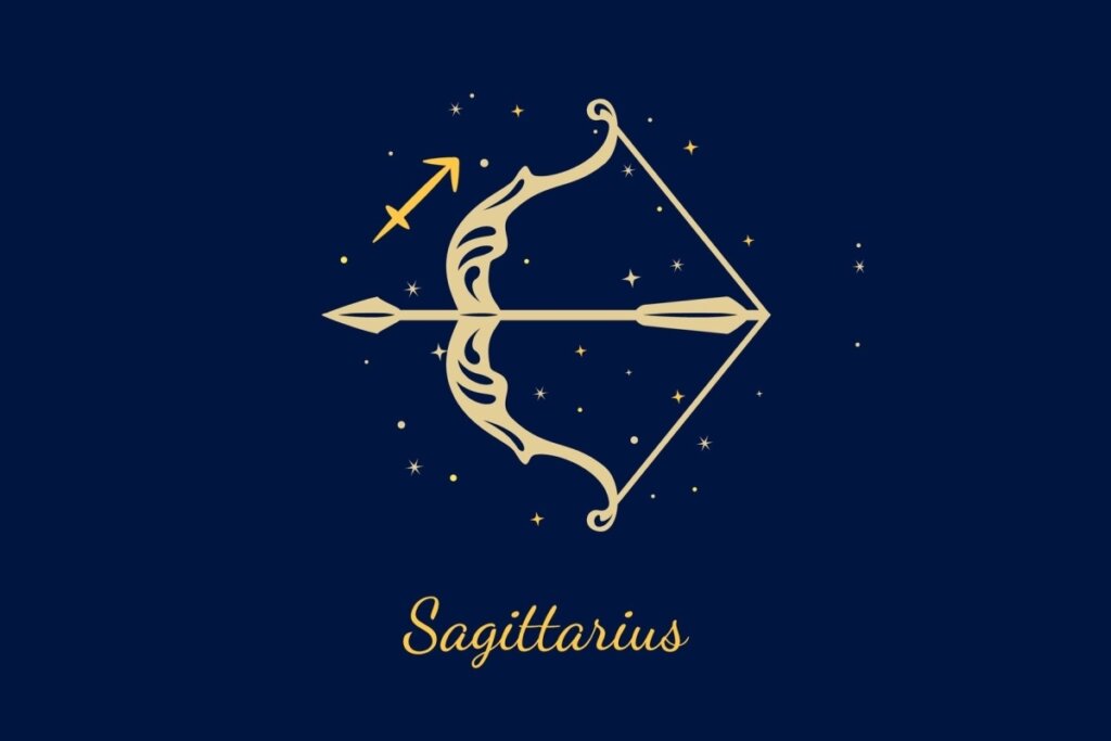 Um fundo azul-marinho escuro com ilustração de um arco armado com uma flecha apontada para a esquerda. Um pequeno glifo de Sagitário (uma flecha diagonal) flutua acima do arco. Abaixo, o texto "Sagittarius".