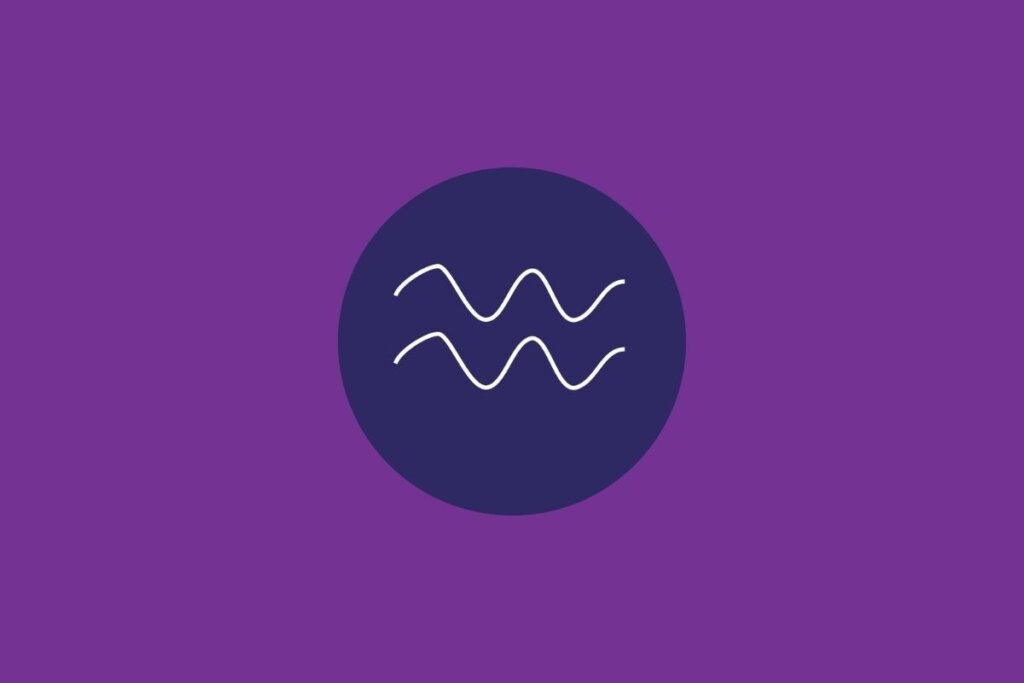 Ilustração do signo de aquário, em um círculo azul-escuro, sobre um fundo roxo
