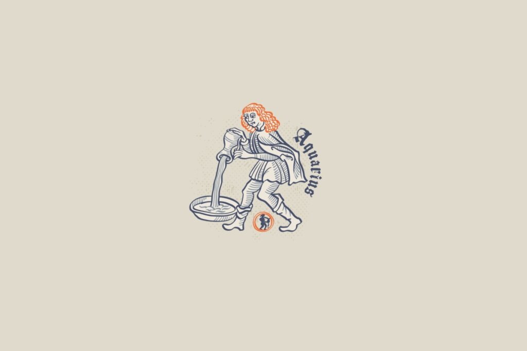 Ilustração de uma pessoa com uma jarra de água, símbolo do signo de aquário, em um fundo cinza