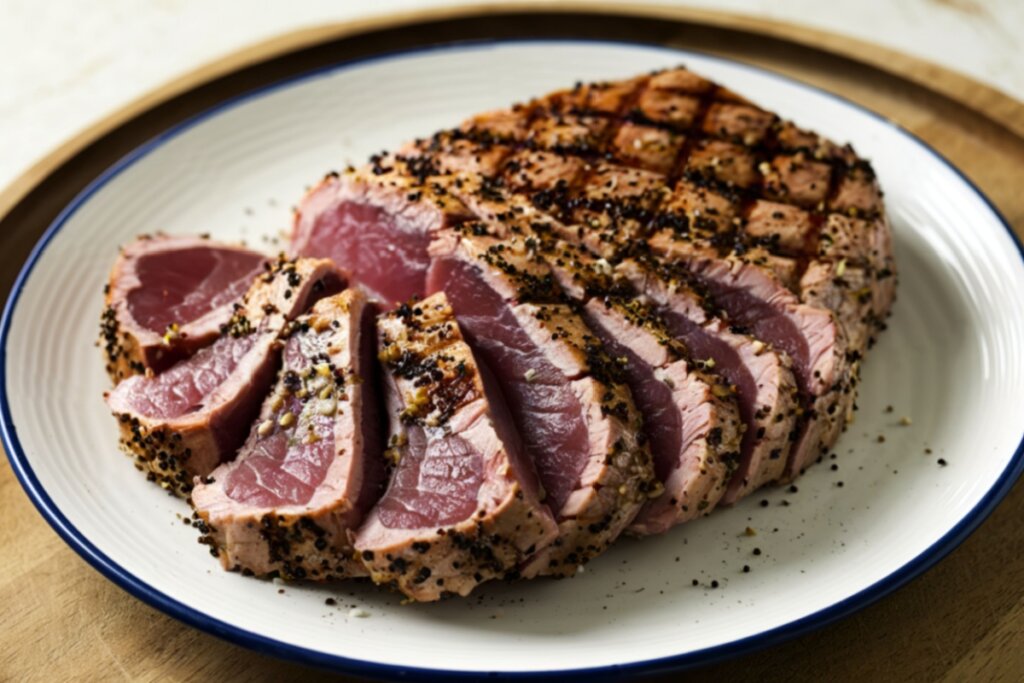 Atum com crosta de gergelim fatiado em prato branco com borda azul em cima de mesa de madeira