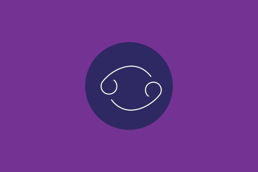 Ilustração do signo de câncer, em um círculo azul-escuro, sobre um fundo roxo