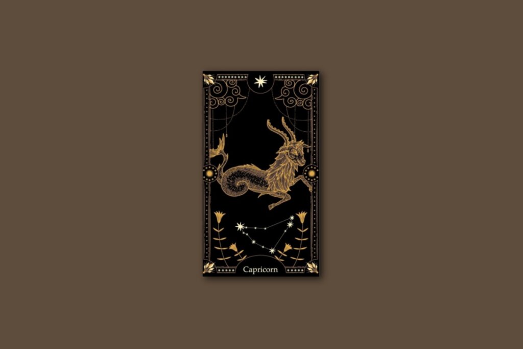 Ilustração de uma carta preta, com animal metade marinho e metade bode e desenho da constelação de Capricórnio, com borda dourada e estrelas