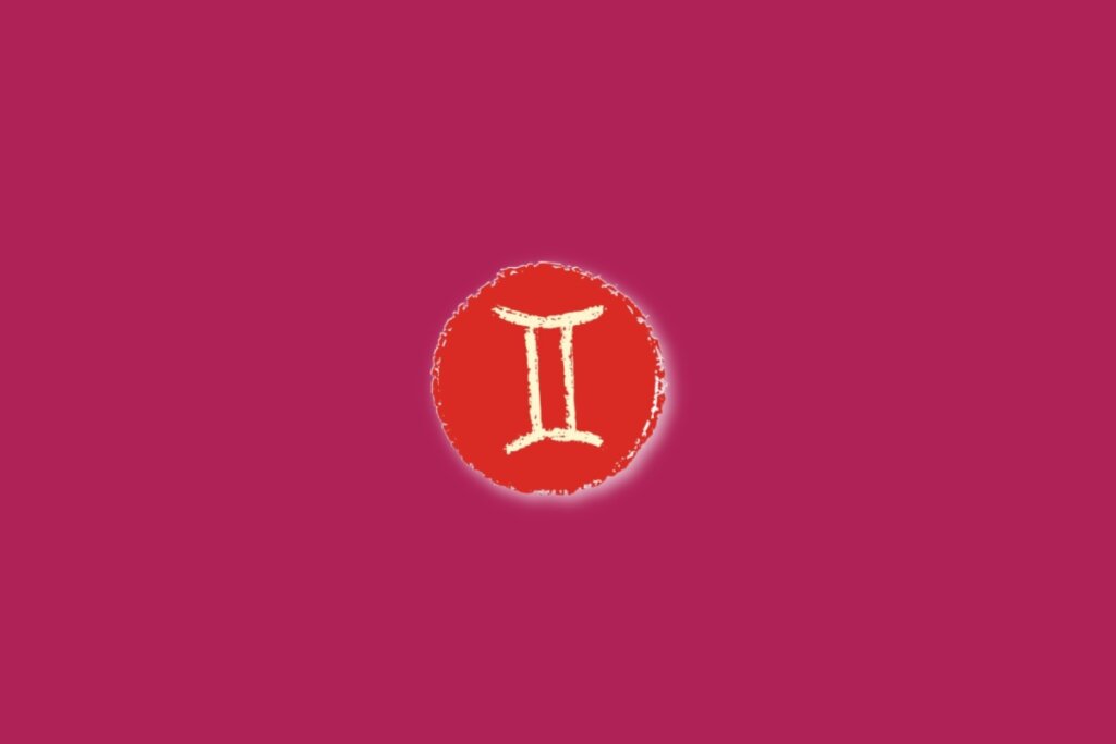 Ilustração do signo de gêmeos, dentro de um círculo vermelho, sobre um fundo rosa