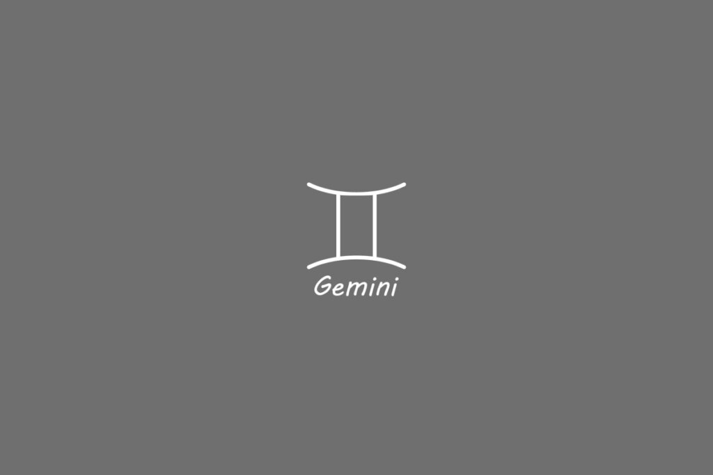 Símbolo do signo de gêmeos, na cor branca, centralizado em um fundo cinza e com o nome embaixo