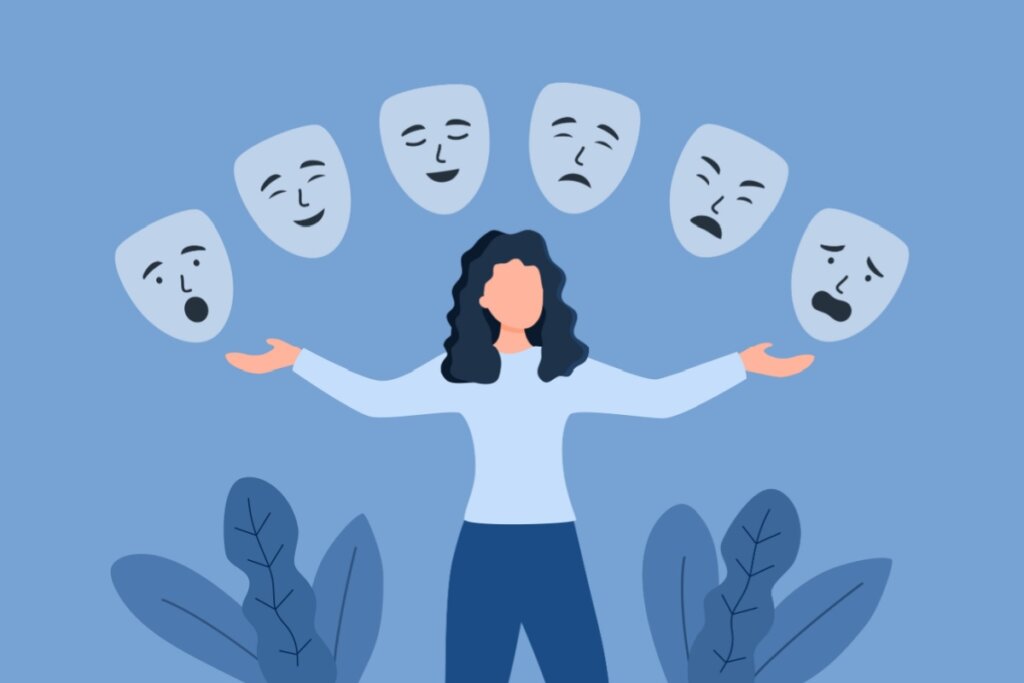 Ilustração de jovem com o cabelo preto, usando roupas em tons de azul e com os braços abertos e com máscaras acima com diferentes expressões em fundo azul