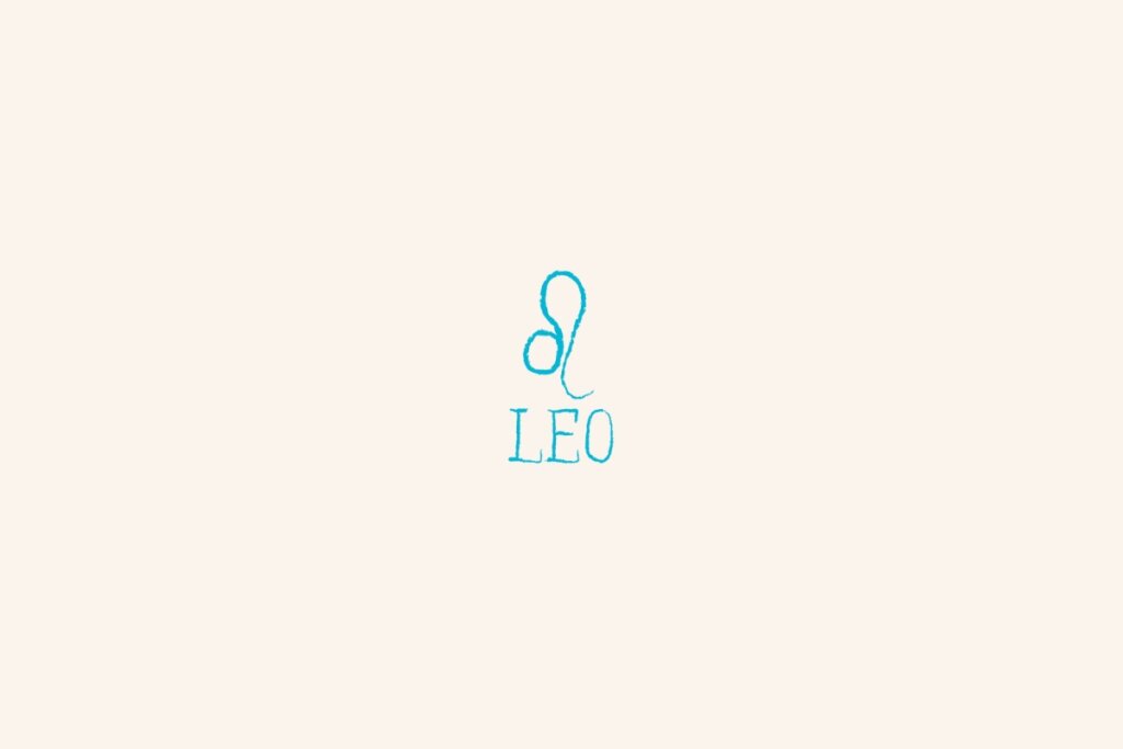 Símbolo do signo de leão, na cor azul, centralizado em um fundo bege-claro e com o nome abaixo
