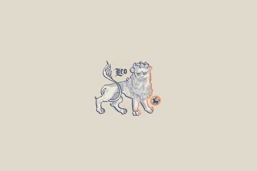 Ilustração de um leão, símbolo do signo de Leão, em um fundo cinza