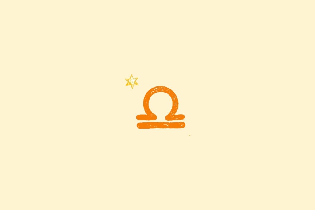 Ilustração do signo de libra na cor laranja, centralizado em um fundo amarelo, e rodeado por estrelas
