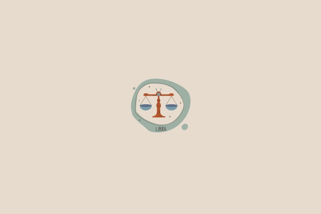 Ilustração do signo de libra em um fundo bege-claro. Ao redor dele, há um círculo verde-claro e pequenas bolhas